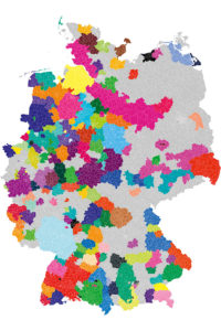 Die hellgraue Fläche wird immer kleiner. Jeder Modehaus.de-Partner erhält ein Lizenzgebiet mit Wettbewerbsschutz und muss der Aufnahme eines weiteren Unternehmens in seinem Gebiet zustimmen.
