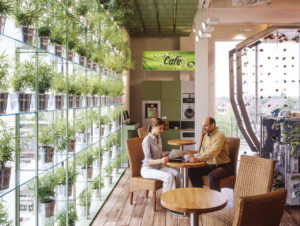 Kaffee im Grünen: Café-Fläche bei Globetrotter in Hamburg