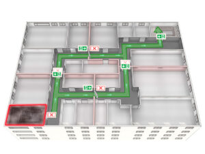 Eine dynamische Fluchtweglenkung ist richtungsvariabel, sperrt optisch den Gefahrenbereich und lenkt über den verbliebenen Weg ins Freie
