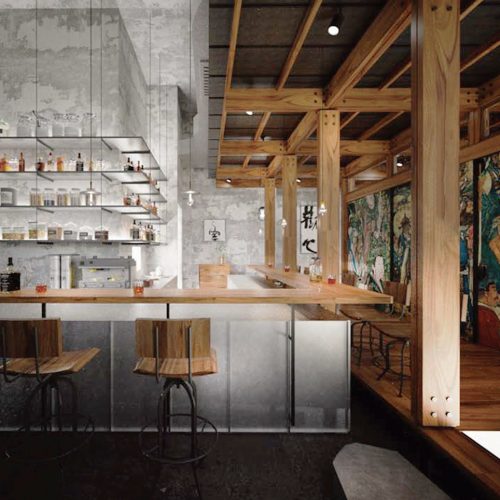 Chinese Baijiu Pub besticht durch die natürlichen Materialien wie Bambus und Stein.
