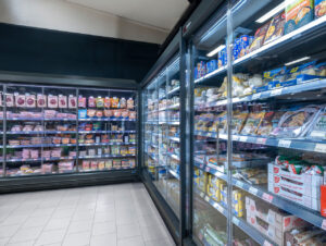 Kühlregale für Fleisch- und Wurstwaren grenzen an die neuen Tiefkühlschränke