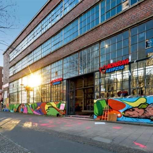 Konsum Markt im Westwerk, Leipzig: Die Graffitis an der Außenfassade finden sich im Inneren der Märkte wieder