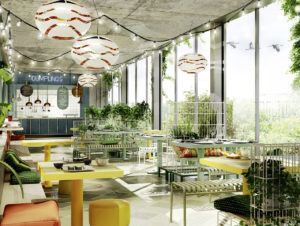 Loggia mit Panoramafenster, Sitztreppen, Sofalandschaft und Schaukeln im Foodmarket „Kantini“ in der Concept-Mall Bikini Berlin (Foto: Bikini Berlin)