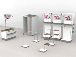 Der Präsentationsständer aus dem Mall-Möbel-System von Dula und ECE ist mit einem Multimedia-Bildschirm digital erweiterbar. (Foto: Dula)