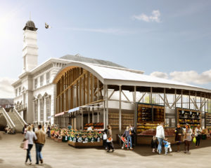 Der Entwurf von Greig & Stephenson für die neue Markthalle in der britischen Stadt Leicester, bei der es um die Harmonie mit der historischen Architektur geht.